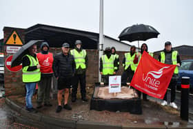 Falkirk Council street cleansing workers picketing at the Earls Road depot in Grangemouth this morning