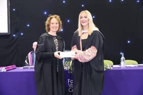 Niamh McFarlane is presented with her prize by Trudi Craggs, interim chair of the Forth Valley College board of management. Pic: Contributed
