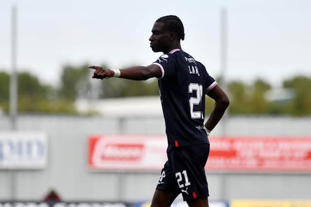 27-08-2022. Picture Michael Gillen. FALKIRK. Falkirk Stadium. Falkirk FC v Queen of the South FC. Season 2022 - 2023. Matchday 5. SPFL cinch League One. Third goal Falkirk. Diving header scored by Ola Lawal 21 from an Aidan Nesbitt 10 cross.