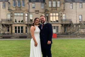 Jack and Emma on their wedding day at Falkirk's Callendar House