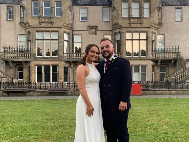 Jack and Emma on their wedding day at Falkirk's Callendar House