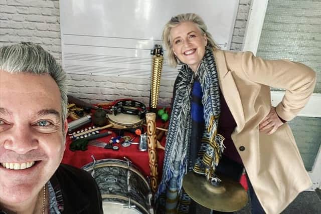 David Dowell, director of dD Drums, welcomes Iona McNab to the Falkirk beatkeeping business 