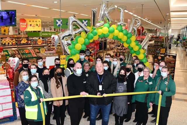 Morrisons revamped Falkirk store officially opened with manager Nairn Diver and Steven West, The People's Church food coordinator who cut the ribbon. Picture: Michael Gillen