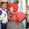 Andy Gray (Buttons) and daughter Clare Gray (Wicked Sister) meet backstage during Cinderella at the  Kings Theatre