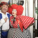 Andy Gray (Buttons) and daughter Clare Gray (Wicked Sister) meet backstage during Cinderella at the  Kings Theatre