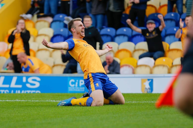 Mansfield Town forward Rhys Oates celebrates his early goal against Harrogate Town at the One Call Stadium.