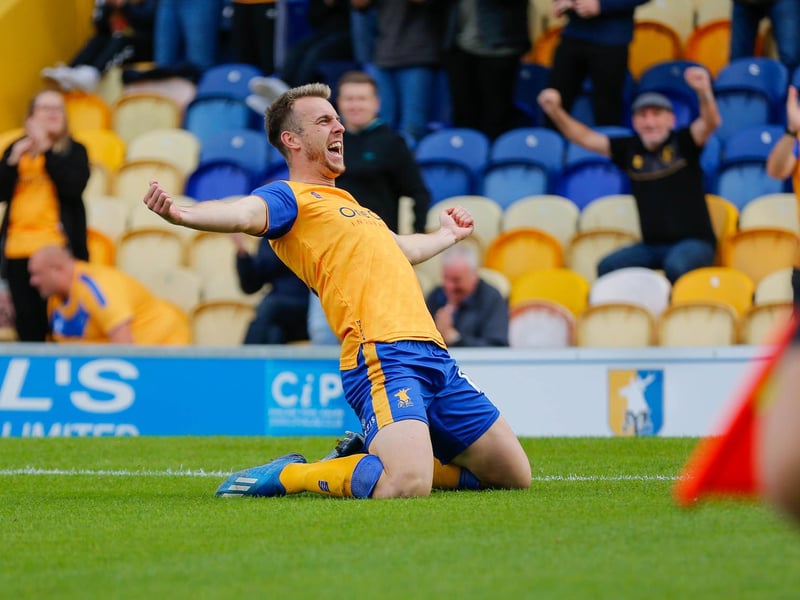Mansfield Town forward Rhys Oates celebrates his early goal against Harrogate Town at the One Call Stadium.