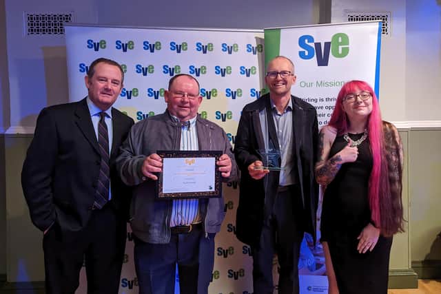 FVSC’s employability coordinator Duncan McPhee and volunteers coordinator Hannah Wilson celebrate the success with volunteers Stephen Smith and Matt Davies at the awards ceremony