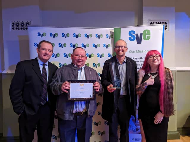 FVSC’s employability coordinator Duncan McPhee and volunteers coordinator Hannah Wilson celebrate the success with volunteers Stephen Smith and Matt Davies at the awards ceremony