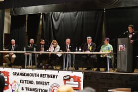 Candidates, left to right: Kenny MacAskill, Alba; Tom Flanagan, Workers Party of Britain; Rachel Nunn, Conservative and Unionist Party was represented by James Bundy, Conservative and Unionist Party Falkirk candidate; Eva Comrie, Independent; Brian Leishman, Labour Party; John Nicolson, SNP and Nariese Whyte, Scottish Green Party, with Chris Hamilton, a Unite refinery shop steward making the opening remarks. Pic: Michael Gillen