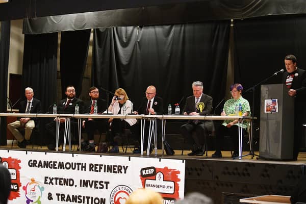 Candidates, left to right: Kenny MacAskill, Alba; Tom Flanagan, Workers Party of Britain; Rachel Nunn, Conservative and Unionist Party was represented by James Bundy, Conservative and Unionist Party Falkirk candidate; Eva Comrie, Independent; Brian Leishman, Labour Party; John Nicolson, SNP and Nariese Whyte, Scottish Green Party, with Chris Hamilton, a Unite refinery shop steward making the opening remarks. Pic: Michael Gillen