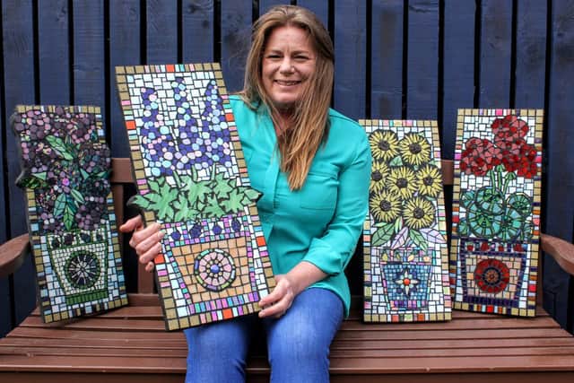 Rhona Duffy has created four mosaics to brighten up the revamped garden space at Bo’ness Hospital.