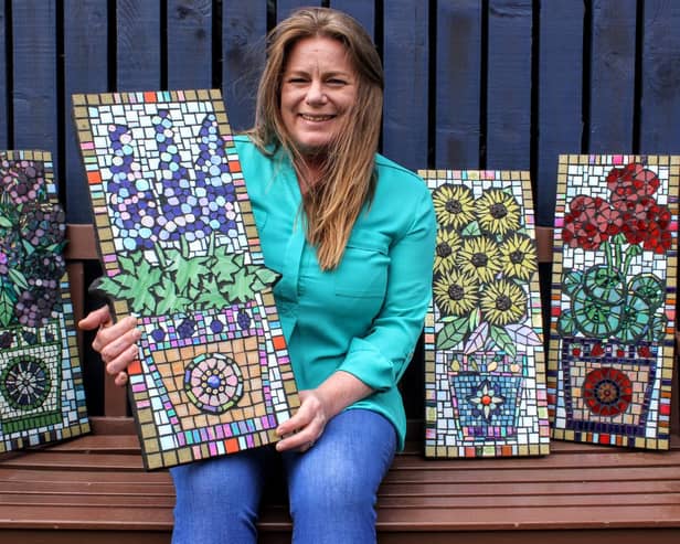 Rhona Duffy has created four mosaics to brighten up the revamped garden space at Bo’ness Hospital.
