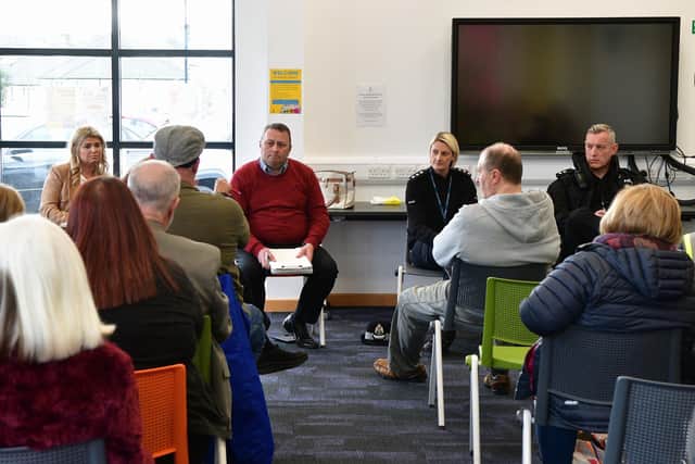 Denny community meeting with police over youth disorder - Sharon Shaw, Denny and District Community Council; Colin Belbin convener, Denny and District Community Council; Falkirk area commander, Chief Inspector Lynsey Kidd, and Inspector Colin Sutherland.