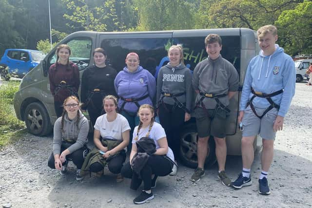 Denny High School pupil Brodie McClurg (second from right) and his friends took on a bungee jump in aid of five different charities. Contributed.