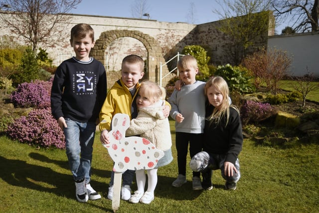 Finn Gallacher, 5, Oliver Mitchell, 3, Alvie Nelson, 3, Max, 4 and Hollie Taylor, 9, enjoying the Easter egg hunt in the walled garden