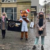 Falkirk Delivers team members hit the streets with Fergus the Fox, Falkirk Football Club's mascot, to hand out District Towns Gift Cards. Contributed.