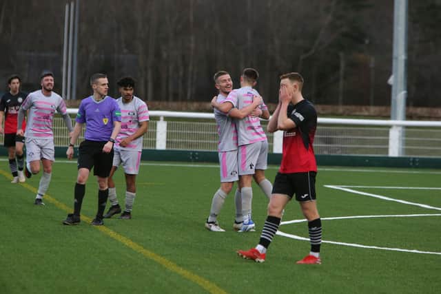 Gregor Fotheringham celebrates East Stirlingshire going two goals up against Gala Fairydean Rovers on Saturday (Pics by Steve Cox)