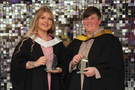 Rachael Bell, left, and Lindsay Henderson-Miller, right, both bagged top awards at their Forth Valley College graduation ceremony. (Pic: Contributed).