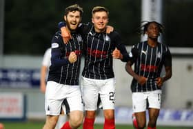 Falkirk players celebrate scoring during Wednesday night's 3-0 home win over East Kilbride in the Challenge Cup (Pic by Michael Gillen)