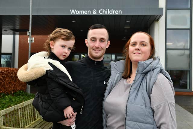 Linzi Govan and partner Ryan Shaw, along with daughter Amelia, 2, handed over a cold cot to the neonatal unit last week. Pic: Michael Gillen