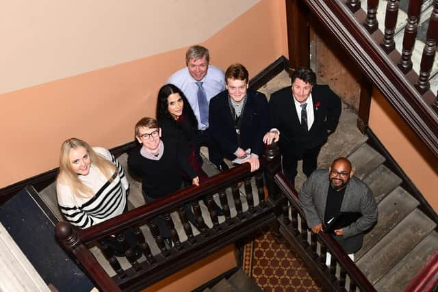 Pictured: Aine Munro, architectural student; Scott Gibson, co-director; Julieta Flores, architectural assistant; John Fotheringham, property owner; Councillor Euan Stainbank; Provost Robert Bissett and Inderpal Gill, co-director.