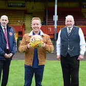 L to R: Iain McMenemy Stenhousemuir Chairman, Mark Millar, Albion Rovers chairman Ian Benton at the Pixellot launch event (Pic Albion Rovers FC)
