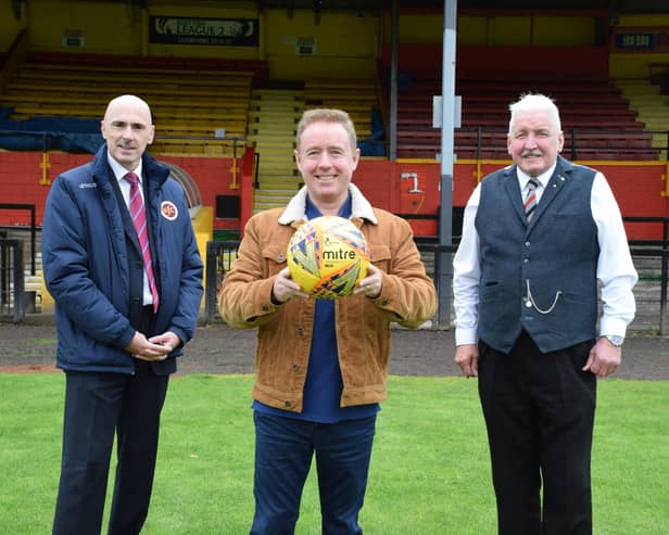 L to R: Iain McMenemy Stenhousemuir Chairman, Mark Millar, Albion Rovers chairman Ian Benton at the Pixellot launch event (Pic Albion Rovers FC)