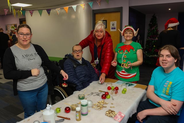 Danielle, Andrew, Lynn, Ellen and David on the Christmas bauble craft stand