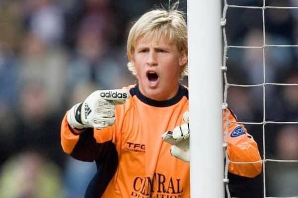 Kasper Schmeichel in action for Falkirk against Hearts at Tynecastle during his loan spell under John Hughes back in 2007 (Photo: SNS Group)