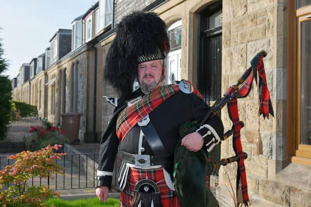 Stenhousemuir resident and piper Daniel Sweeney is starting a birthday performance service for those in isolation during the Covid-19 lockdown. Picture: Michael Gillen.