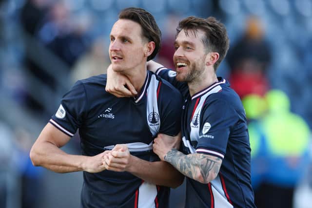 Falkirk's Liam Henderson (L) and Brad Spencer at full time (Photo by Roddy Scott / SNS Group)