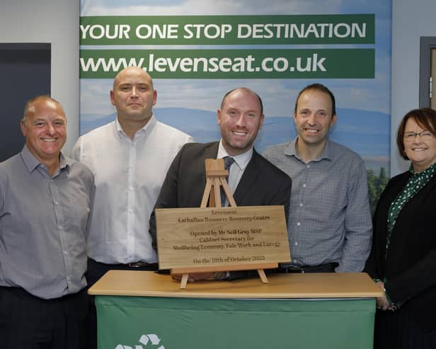 Levenseat announce more jobs and funding, left to right, Ian Bartlett, process optimisation manager; Michael Watson, Lathallan site manager; Neil Gray, Scottish Government  Wellbeing Economy & Fair Work Secretary; Angus Hamilton, managing director; and Rhona Allison, managing director for Business Growth at Scottish Enterprise. Pic: Graham Clark
