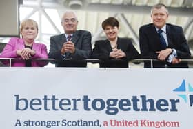 Launch of the Better Together campaign in 2012 with, left to right, Scottish Labour Leader, Johann Lamont MSP; Alistair Darling, leader of the cross party campaign; Scottish Conservative Leader Ruth Davidson MSP and Scottish Liberal Democrat Leader, Willie Rennie MSP