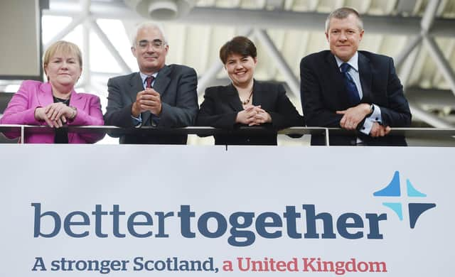 Launch of the Better Together campaign in 2012 with, left to right, Scottish Labour Leader, Johann Lamont MSP; Alistair Darling, leader of the cross party campaign; Scottish Conservative Leader Ruth Davidson MSP and Scottish Liberal Democrat Leader, Willie Rennie MSP