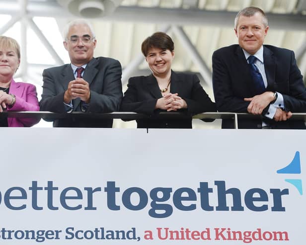 Launch of the Better Together campaign in 2012 with, left to right, Scottish Labour Leader, Johann Lamont MSP; Alistair Darling, leader of the cross party campaign; Scottish Conservative Leader Ruth Davidson MSP and Scottish Liberal Democrat Leader, Willie Rennie MSP