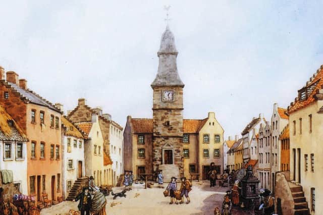Falkirk Old Steeple demolished in 1804 with the tolbooth behind