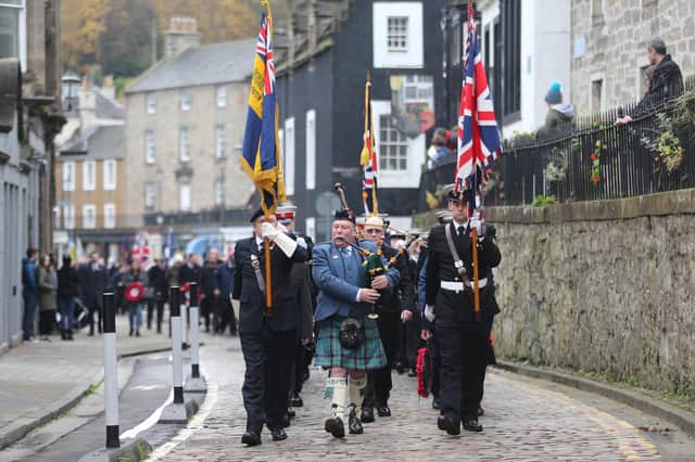 The parade before the Remembrance Day service on South Queensferry High Street, on Sunday 14th November 2021. Photo by Alistair Pryde.