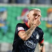 Callumn Morrison celebrating scoring a penalty for Falkirk against Clyde last month (photo: Michael Gillen)