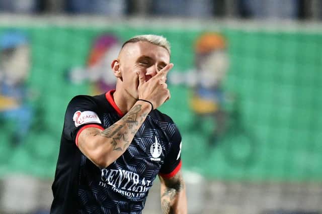 Callumn Morrison celebrating scoring a penalty for Falkirk against Clyde last month (photo: Michael Gillen)