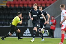 Coll Donaldson grabbed a goal back for Falkirk against Airdrie during the first leg (Picture: Michael Gillen)