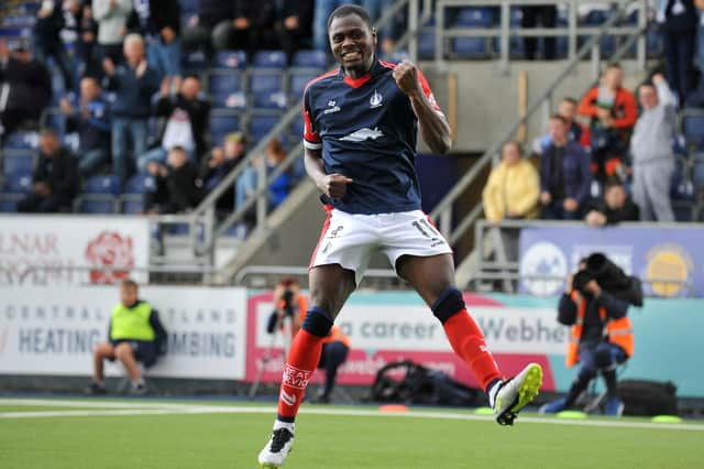 Alfredo Agyeman celebrates scoring for Falkirk (Pic Michael Gillen)