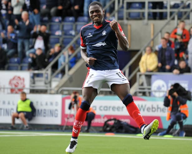 Alfredo Agyeman celebrates scoring for Falkirk (Pic Michael Gillen)
