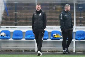 11-01-2025. Picture Michael Gillen. BO'NESS. Newtown Park. Bo'ness Utd v East Stirlingshire. Lowland League Season 2024 -2025. Stuart Hunter (left).