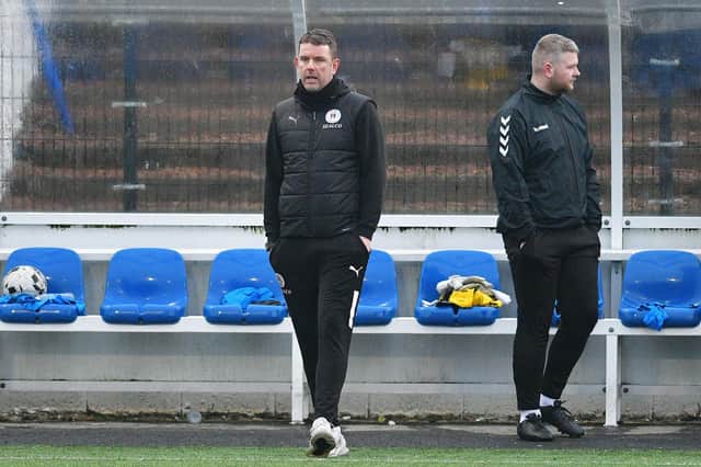 11-01-2025. Picture Michael Gillen. BO'NESS. Newtown Park. Bo'ness Utd v East Stirlingshire. Lowland League Season 2024 -2025. Stuart Hunter (left).