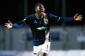 FALKIRK, SCOTLAND - DECEMBER 07: Falkirk's Alfredo Agyeman celebrates scoring to make it 2-0 during a William Hill Championship match between Falkirk and Raith Rovers at the Falkirk Stadium, on December 07, 2024, in Falkirk, Scotland. (Photo by Sammy Turner / SNS Group)