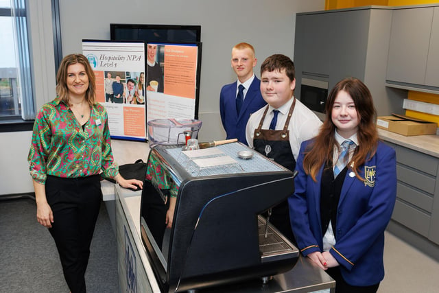 Julie Green, teacher of FCT at Larbert High, with barista pupils Carla Louise Carmichael, Lewis Reid and Maiden Chisholm