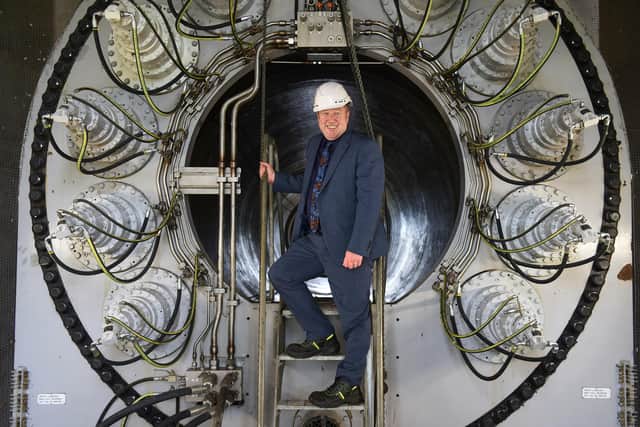 Newly appointed Transport Minister, Graeme Dey MSP, inside the central axle while visiting The Falkirk Wheel