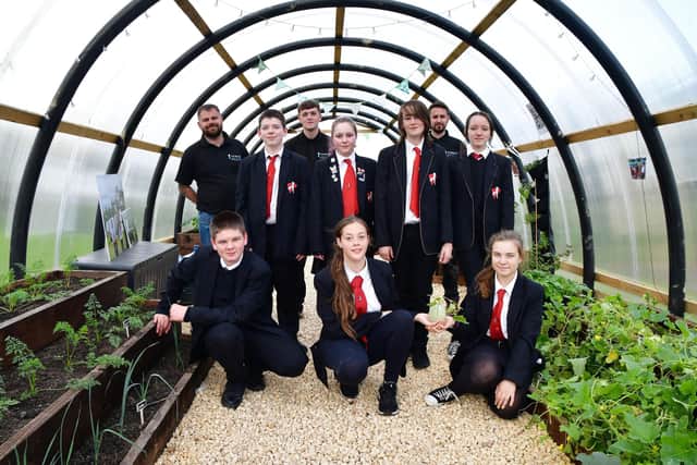 Braes High pupils at the launch of the Polycrub Project which focuses on "plough to plate" and "reduce, reuse and recycle", as well as being a sustainable resource for the Braes Community.