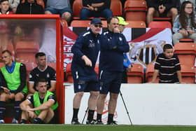 Falkirk manager John McGlynn and assistant manager Paul Smith on the touchline at Airdrie (Pic: Michael Gillen)